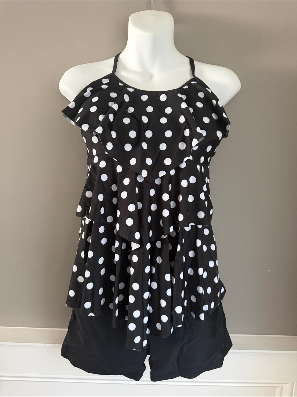 Polka Dot Black & White Ruffle Tankini Swim Top